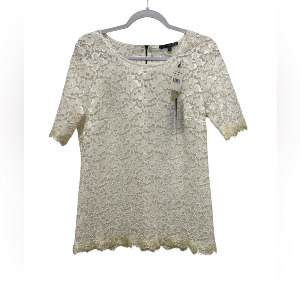 NWT Matty M Large round neck short sleeve floral white sheer lacy blouse